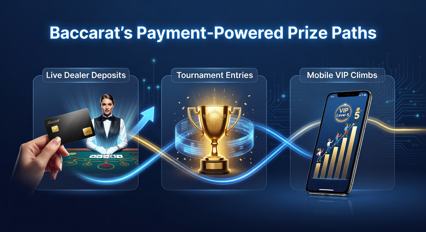 Digital illustration of baccarat cards on a sleek table with glowing payment icons and prize ladders leading to live dealer streams, tournament crowns, and mobile VIP tiers