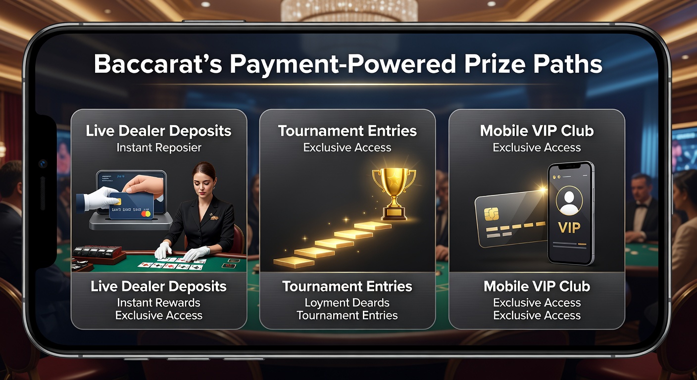 Vibrant graphic of baccarat tournament bracket with payment streams flowing into entry gates, prize trophies, and climbing VIP icons on a mobile screen