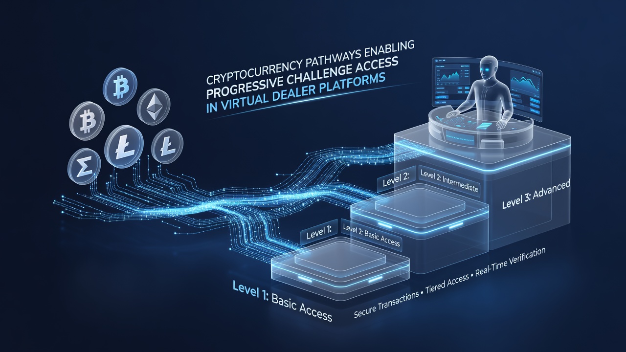 Progressive challenge tiers displayed on a virtual dealer interface with cryptocurrency payment options highlighted