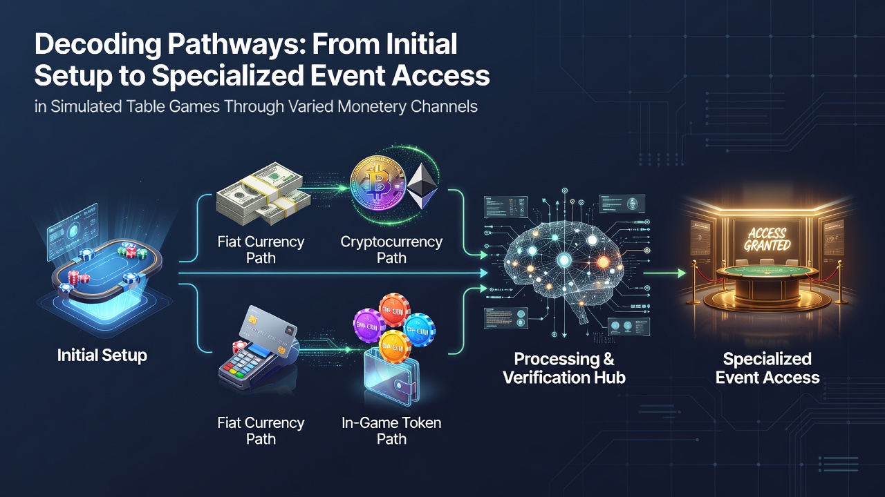 Overview of account setup processes leading into specialized event access in simulated table games