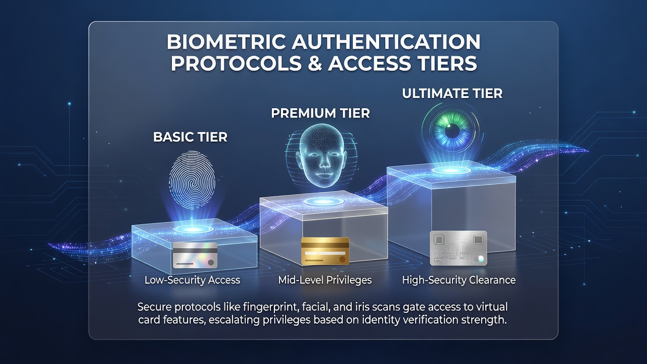 Biometric authentication interface on a virtual card platform showing fingerprint and facial recognition options