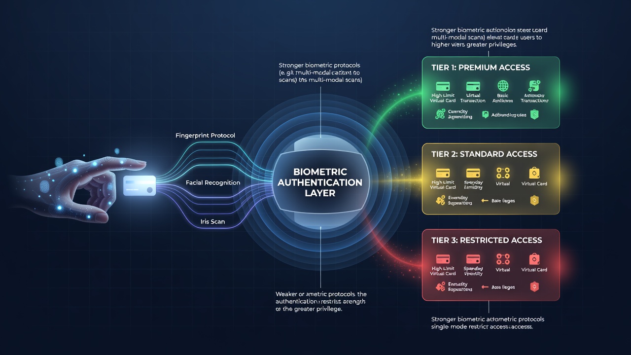 Dashboard view of access tier levels with biometric status indicators in a virtual card application