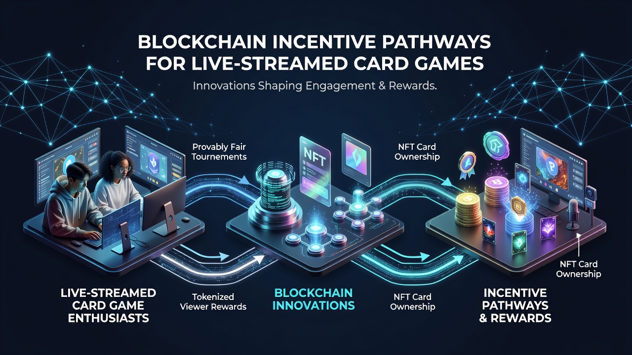 Handheld device displaying live card game stream with blockchain reward notifications