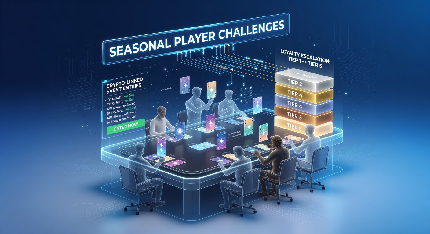 Virtual card table interface showing seasonal challenge leaderboard and crypto transaction confirmation