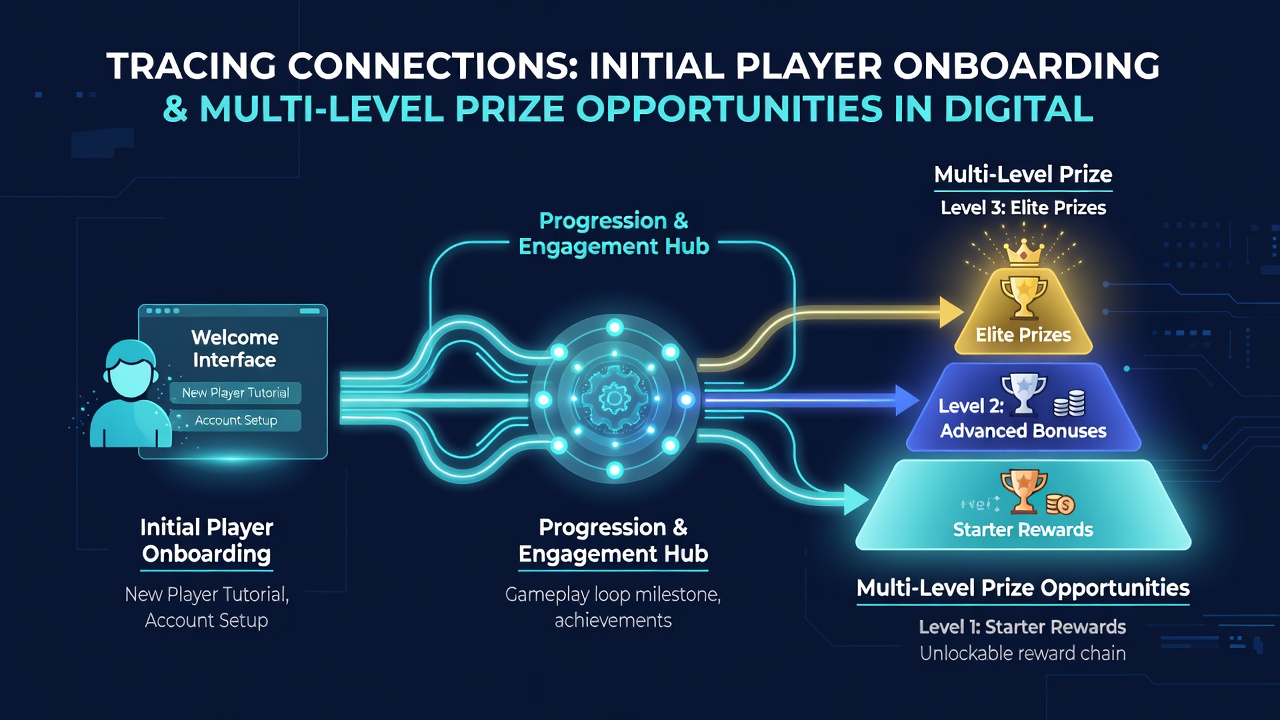 Flowchart illustrating connections from player registration through transaction methods to escalating prize levels in digital card platforms