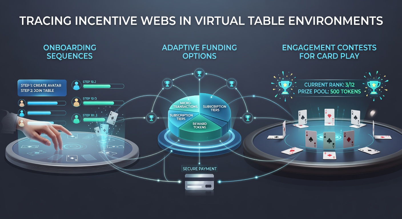 Virtual table environment showing interconnected incentive pathways for card play onboarding and contests